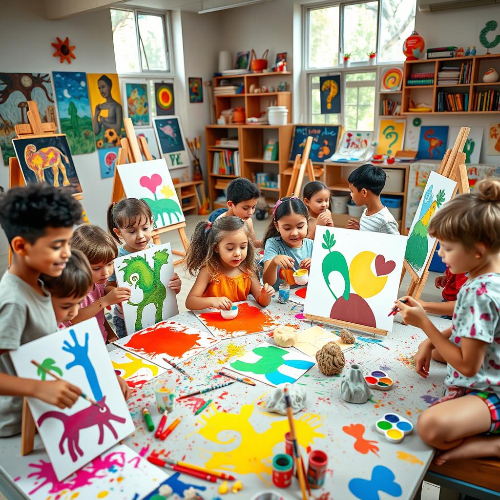 A vibrant, colorful art studio filled with children of diverse backgrounds, both boys and girls, enthusiastically engaged in creating art