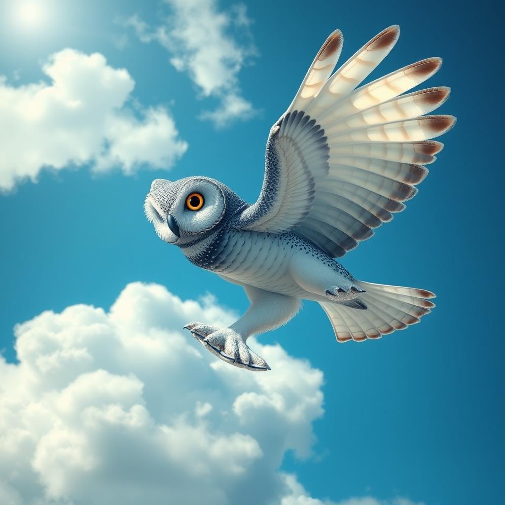 A fantastical creature that is a fusion of a whale and an owl, showcasing the majestic size and gliding wings of an owl blended seamlessly with the graceful body and texture of a whale