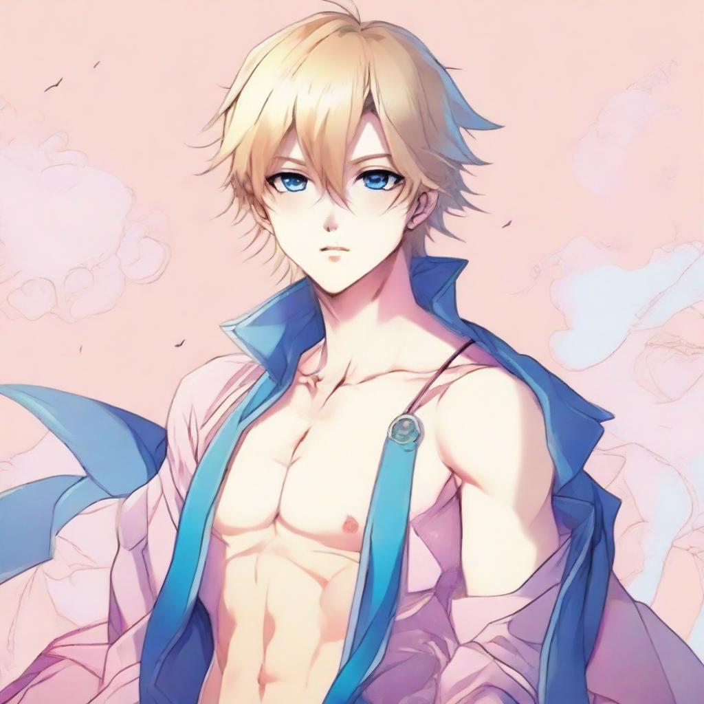 Illustrate an attractive full-body anime character. He is a delicate blond boy, with slender skin, a harmonious face, and blue eyes complemented by a pink evening hue on the corners. He possesses prominent pectorals, a feminine figure, dressed in a blue Bedlah attire, gazing into the distance