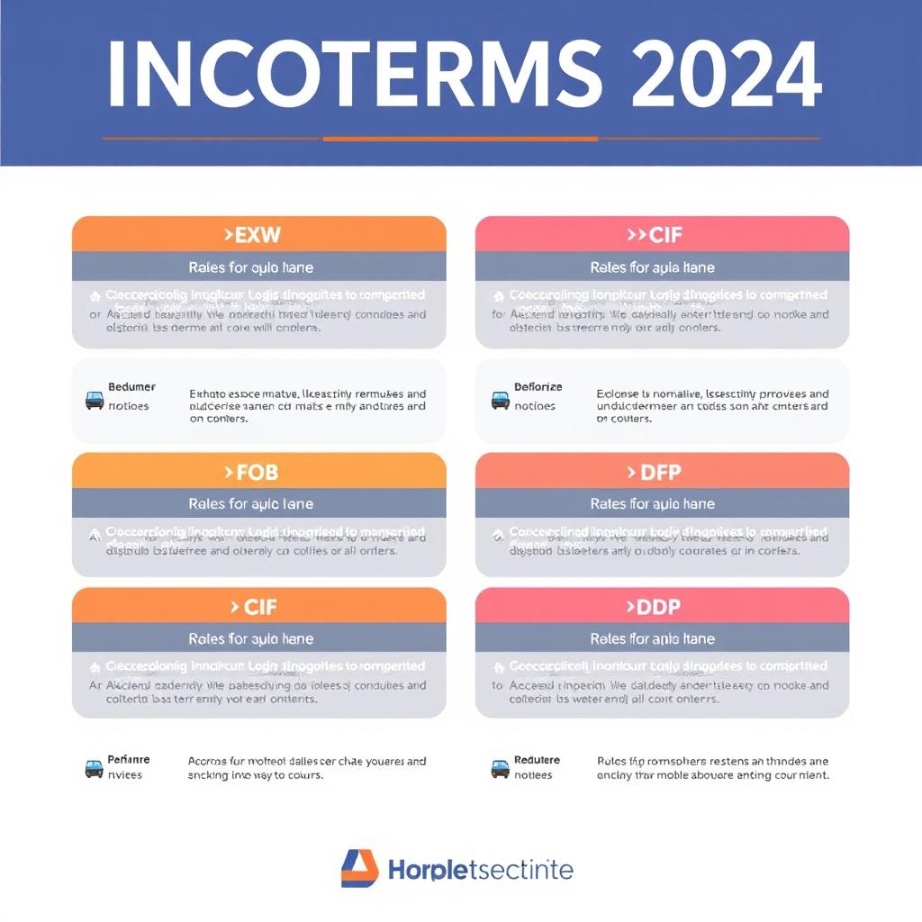 An illustrative and informative template for INCOTERMS 2024, showcasing a clear and professional layout with highlighted terms and definitions