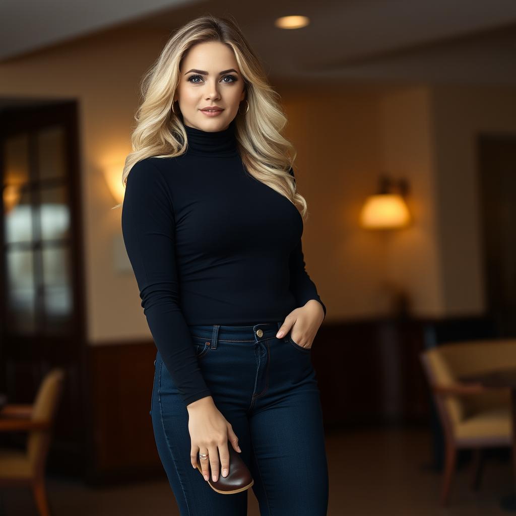 A beautiful curvy blonde woman wearing a black turtleneck shirt, paired with dark blue jeans