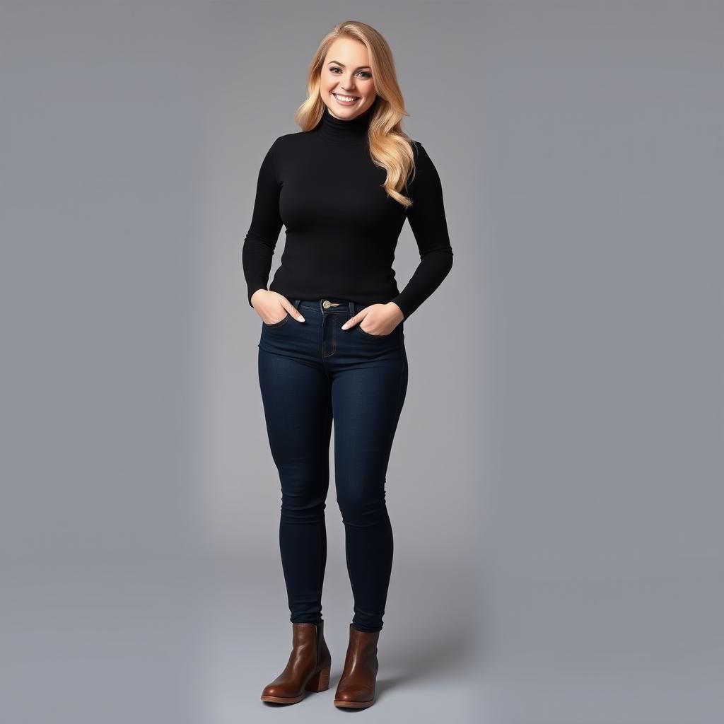 A beautiful curvy blonde woman standing confidently, wearing a stylish black turtleneck shirt that perfectly contours to her figure