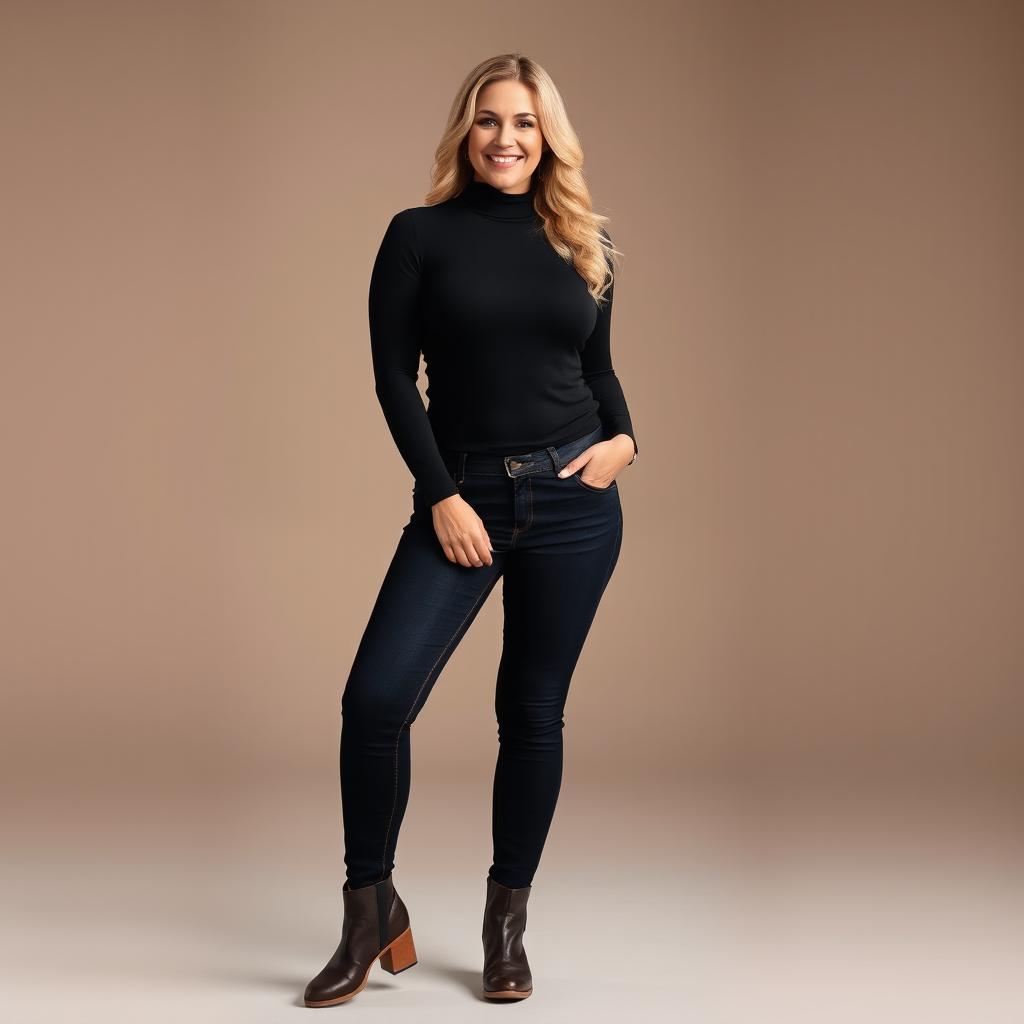 A beautiful curvy blonde woman, full body portrait, wearing a stylish black turtleneck shirt and dark blue jeans