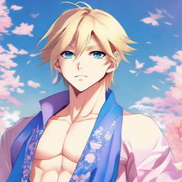 Illustrate an attractive full-body anime character. He is a delicate blond boy, with slender skin, a harmonious face, and blue eyes complemented by a pink evening hue on the corners. He possesses prominent pectorals, a feminine figure, dressed in a blue Bedlah attire, gazing into the distance