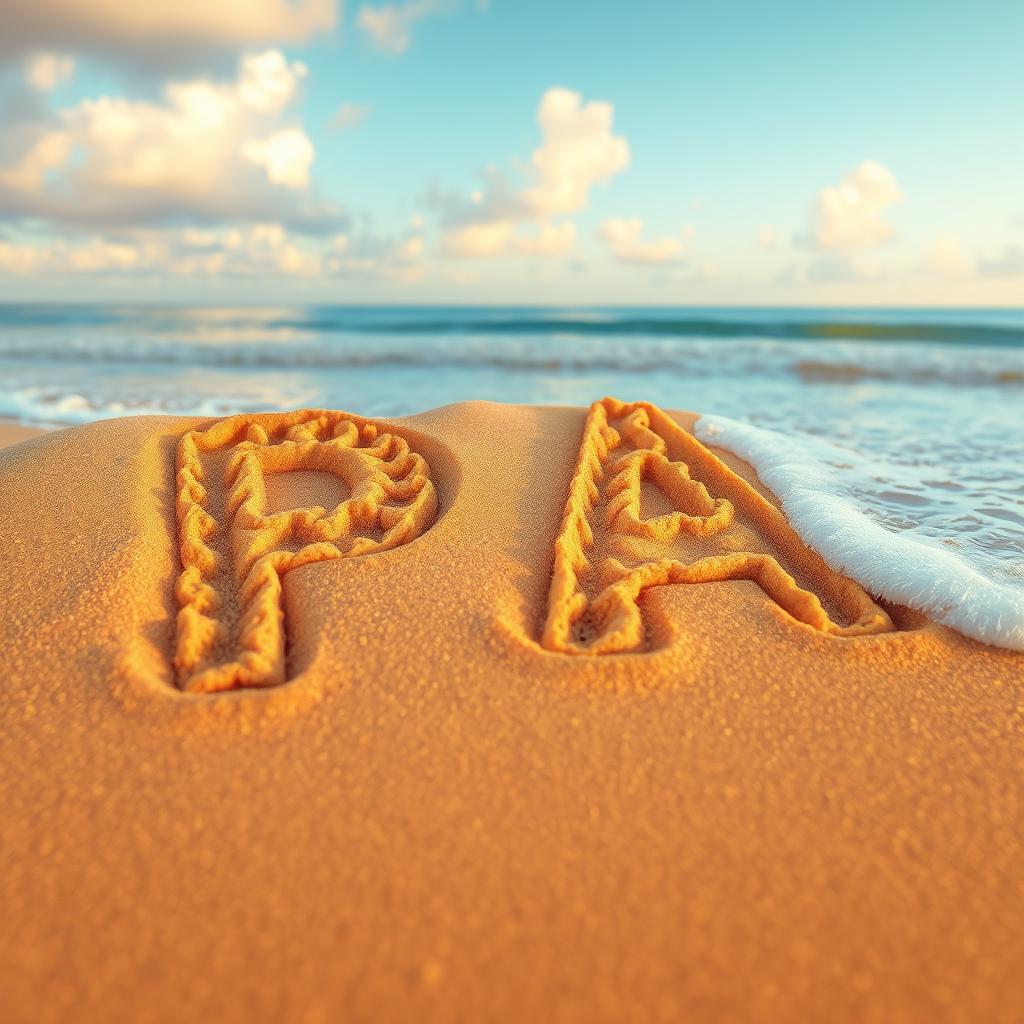 The letters 'P' and 'A' creatively imprinted on warm, golden beach sand, surrounded by gentle ocean waves lapping at the shore