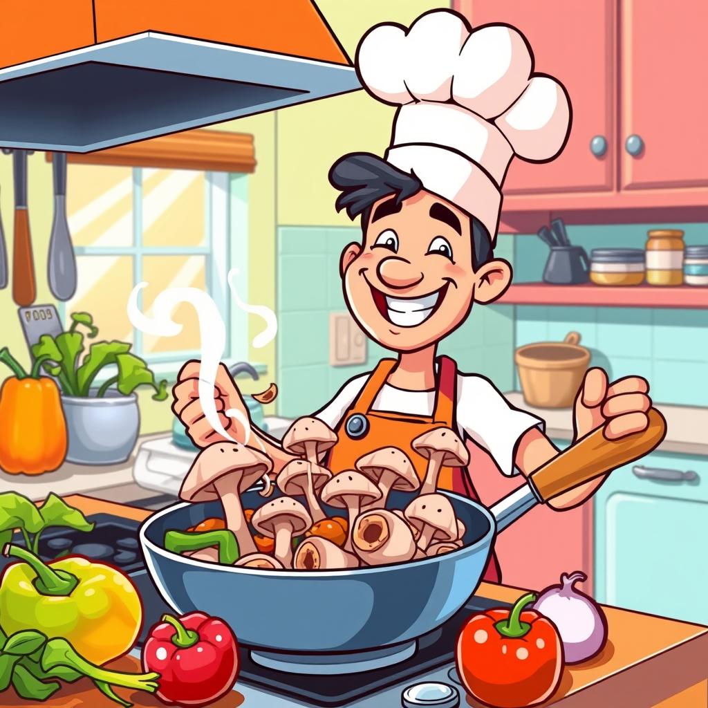 A colorful cartoon illustration of a cheerful man happily cooking mushrooms in a kitchen