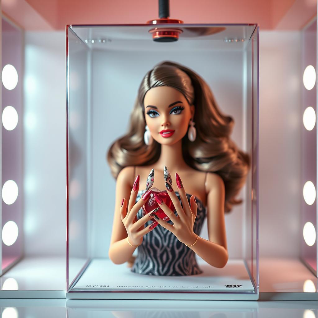 A stylish and creative depiction of a Barbie doll elegantly displayed inside a clear box