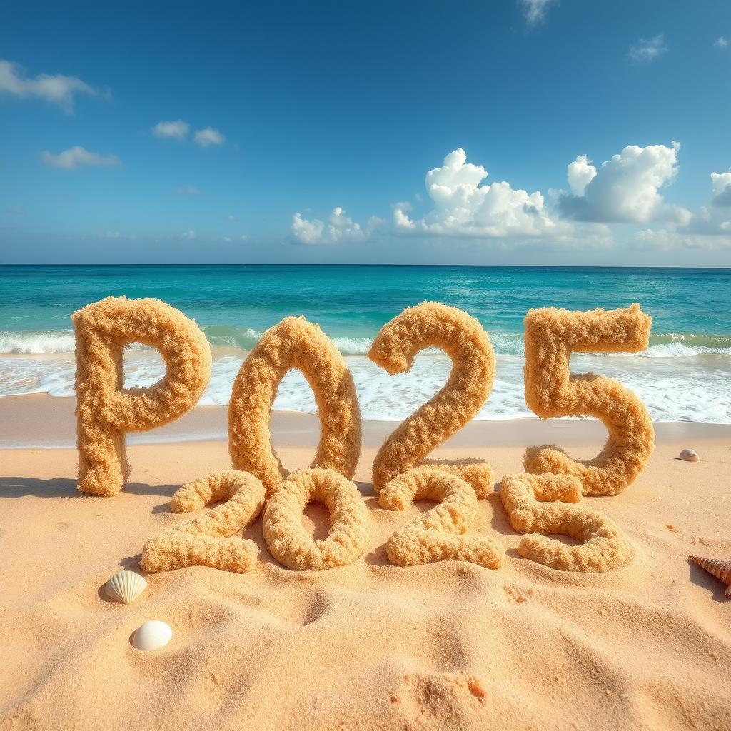 The letters 'P' and 'A' creatively intertwined with the year '2025' beautifully written in soft, golden beach sand