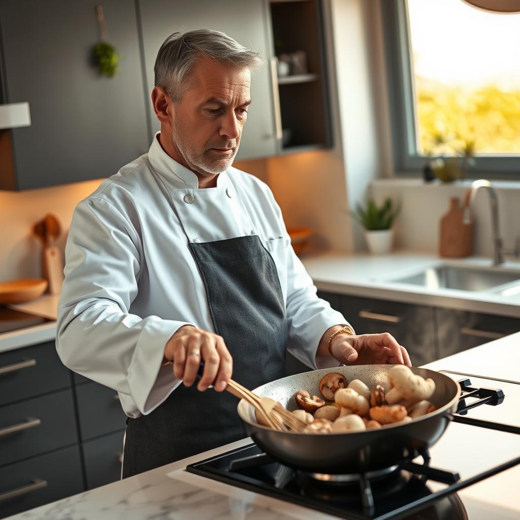 A realistic image of a man cooking mushrooms in a modern kitchen
