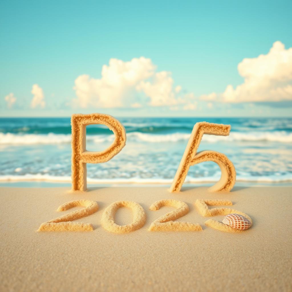 The letters 'P' and 'A' beautifully combined with the year '2025' gracefully written in soft beach sand