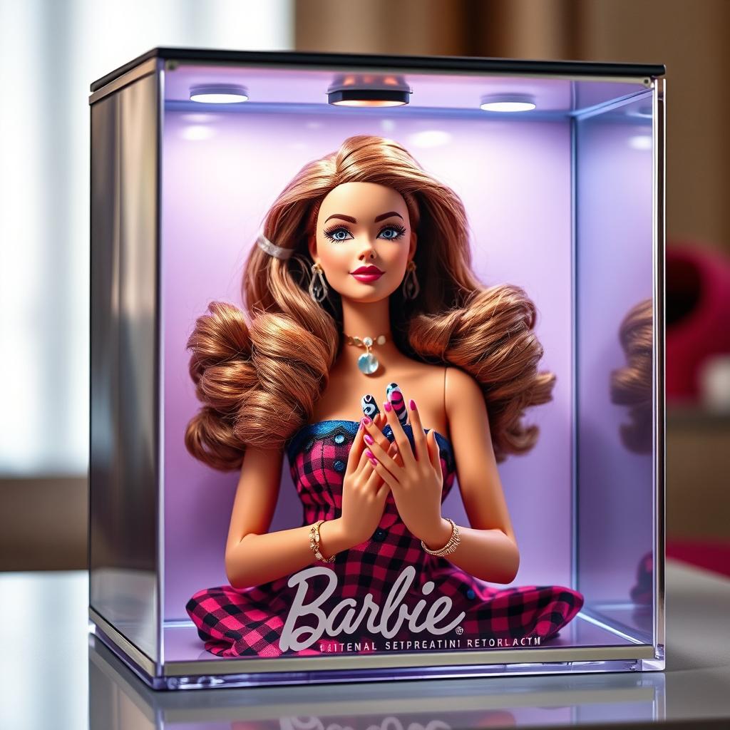 A vibrant and creative interpretation of Brynet Barbie elegantly displayed inside a stylish clear box