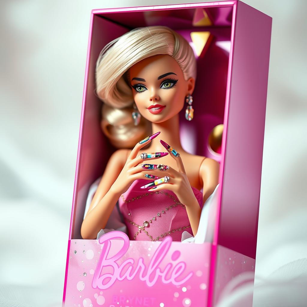 A stylish and modern depiction of a Brynet Barbie doll inside a chic box