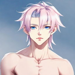 Depict a delicate, twink anime man with platinum hair, eyebrows, lashes, slender skin, a harmonious face, blue eyes with a hint of pink at the corners and nose tip. He has big pectorals, a feminine figure, very attractive without excessive muscles, thin eyes, donning a blue bedlah, gazing into the distance in full body view