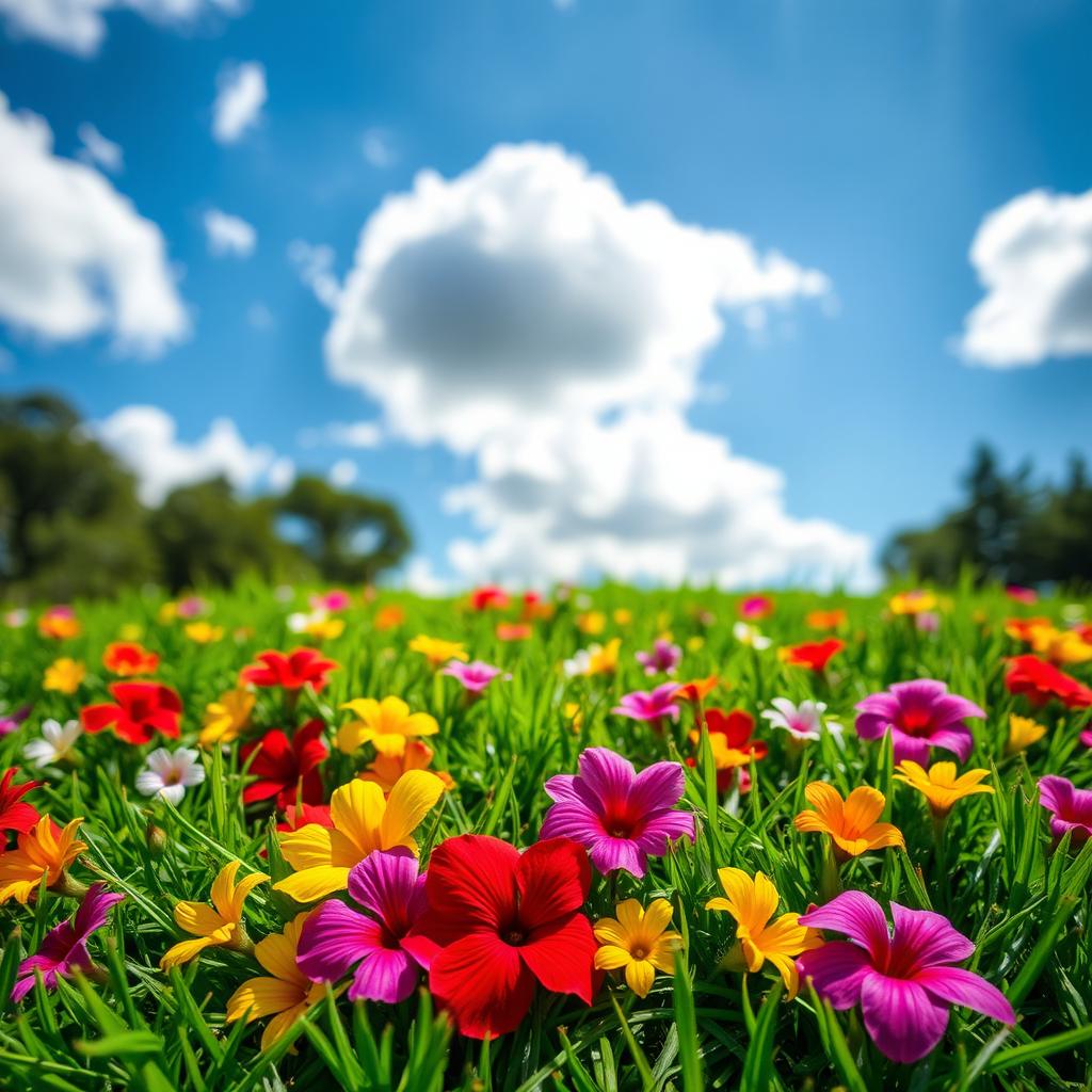 A beautiful scene depicting colorful flowers scattered on a lush green grass surface