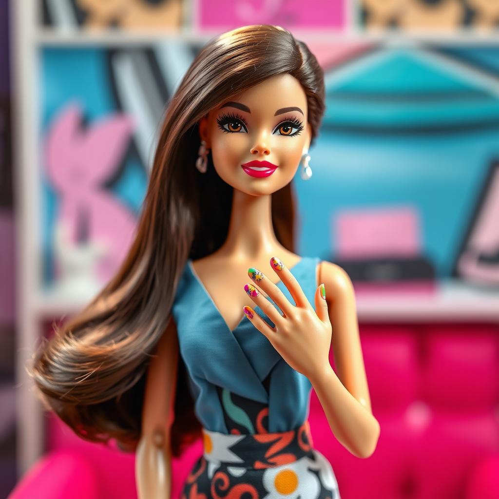 A charming brunette Barbie doll stands confidently against a stylish background, showcasing an exquisite nail design featuring intricate patterns and vibrant colors