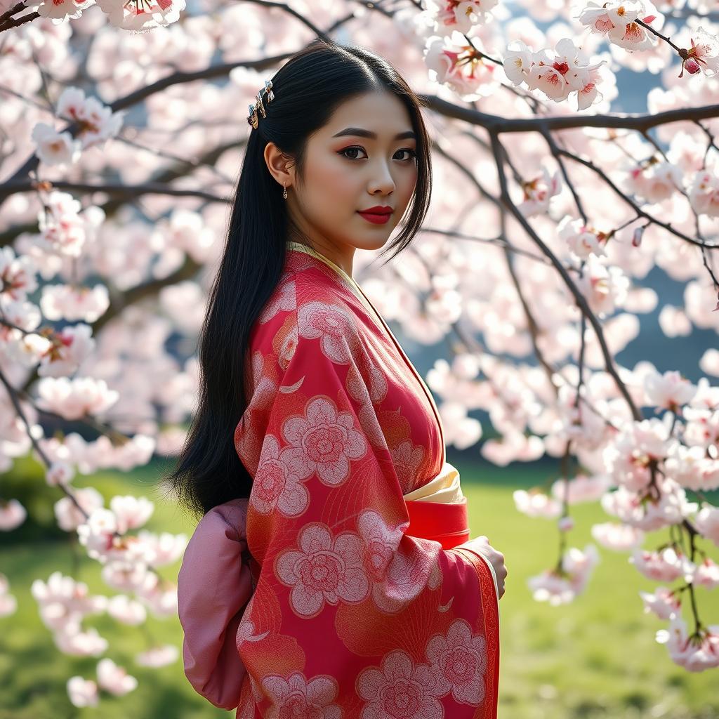 A beautiful Japanese girl dressed in a traditional kimono made of richly patterned silk, standing gracefully in a serene Japanese garden filled with cherry blossom trees in full bloom