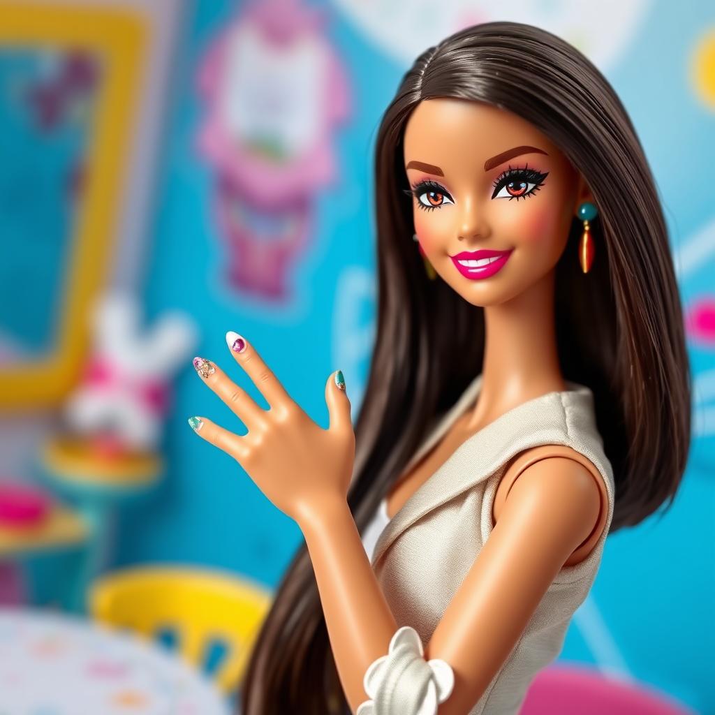 A charming brunette Barbie doll, elegantly posed, showcases her beautiful nail design featuring intricate details and vibrant colors