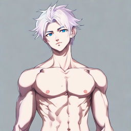 Depict a delicate, twink anime man with platinum hair, eyebrows, lashes, slender skin, a harmonious face, blue eyes with a hint of pink at the corners and nose tip. He has big pectorals, a feminine figure, very attractive without excessive muscles, thin eyes, donning a blue bedlah, gazing into the distance in full body view