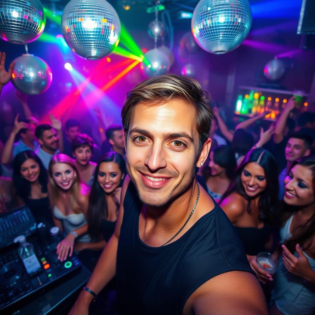 A realistic photo set in a lively night club scene, featuring a vibrant atmosphere filled with colorful lights and energetic dancing