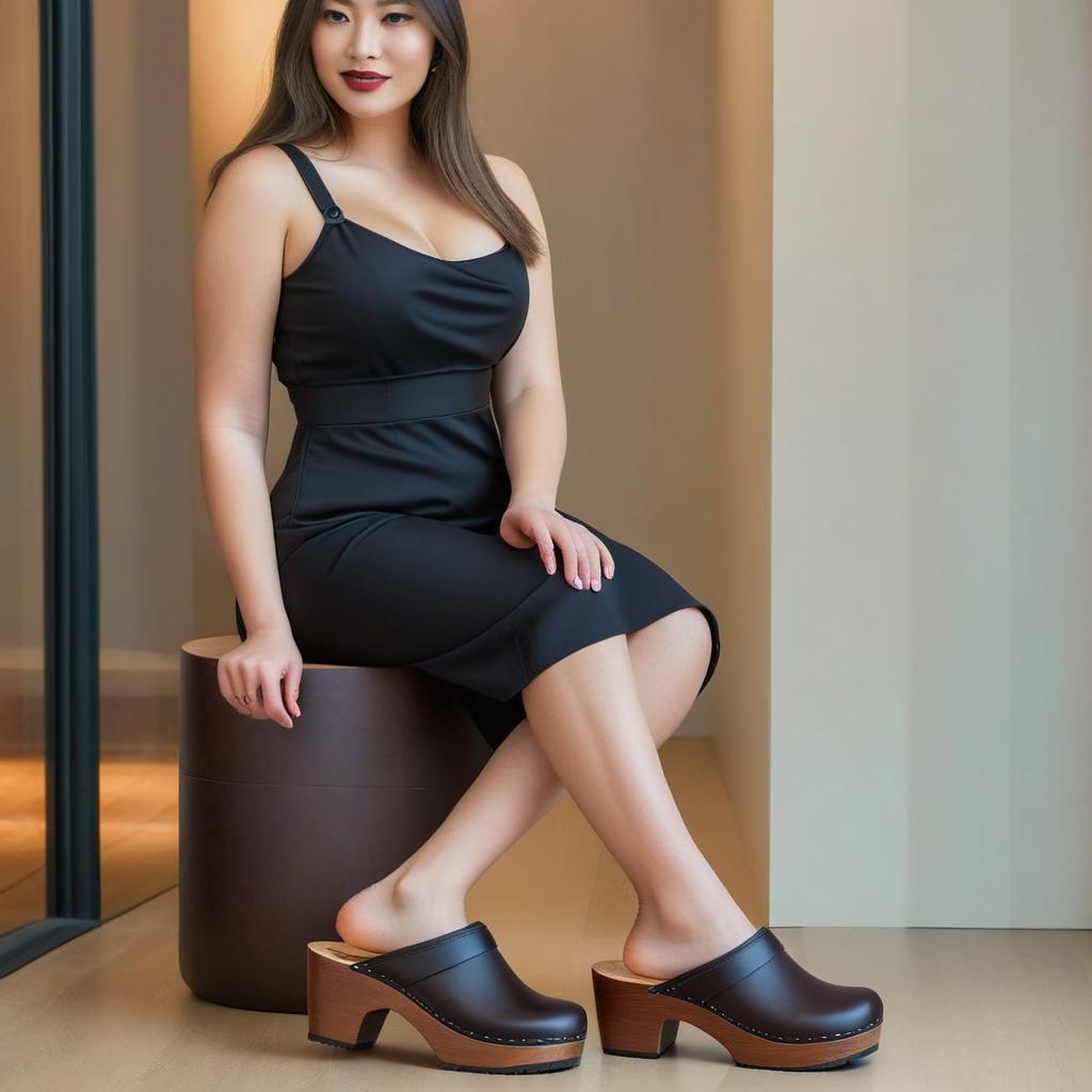 woman wearing a pair of closed-back clogs with dark brown upper and wooden sole.