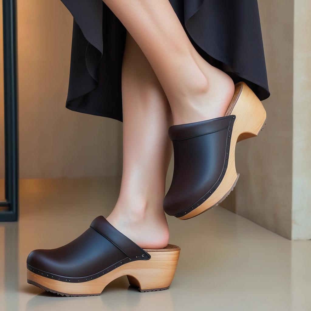 woman wearing a pair of closed-back clogs with dark brown upper and wooden sole.