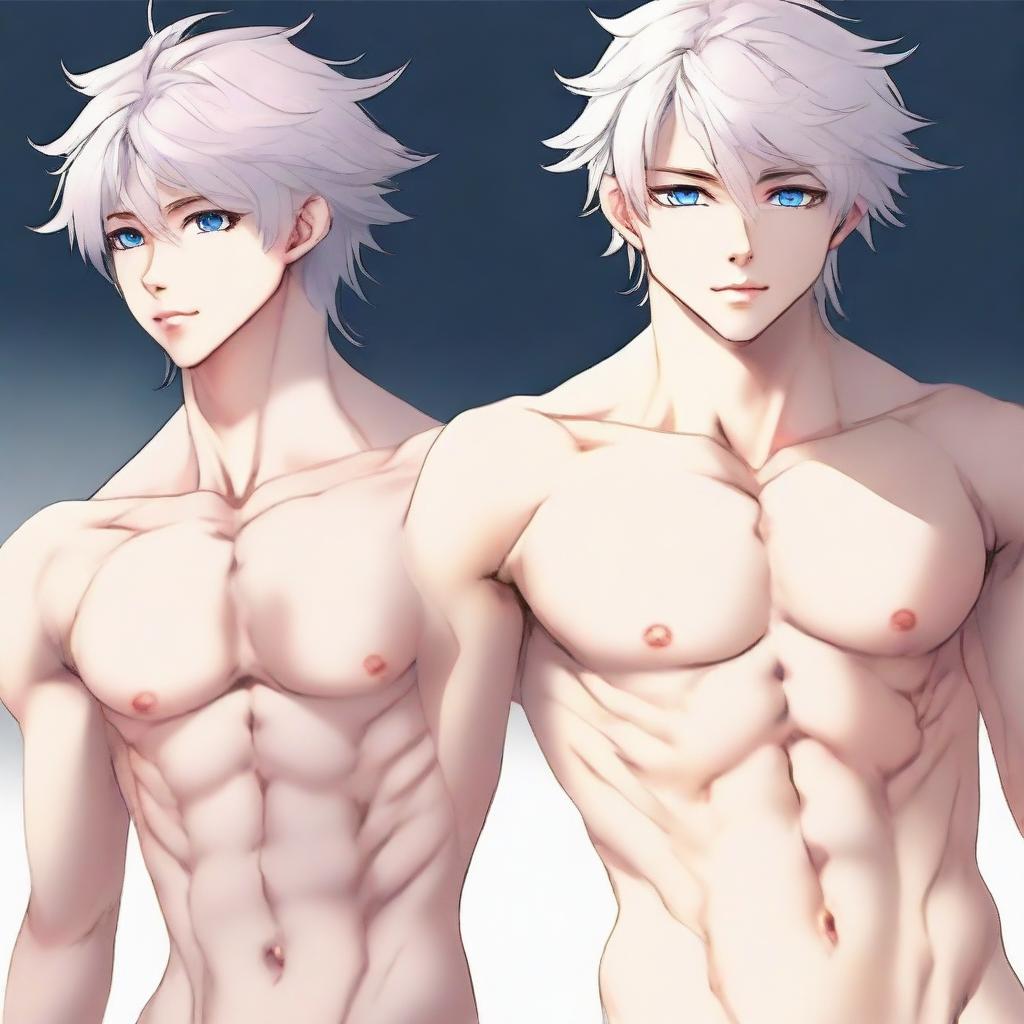 Depict a delicate, twink anime man with platinum hair, eyebrows, lashes, slender skin, a harmonious face, blue eyes with a hint of pink at the corners and nose tip. He has big pectorals, a feminine figure, very attractive without excessive muscles, thin eyes, donning a blue bedlah, gazing into the distance in full body view