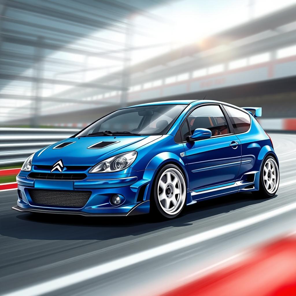 A detailed illustration of a blue Citroen Saxo 1