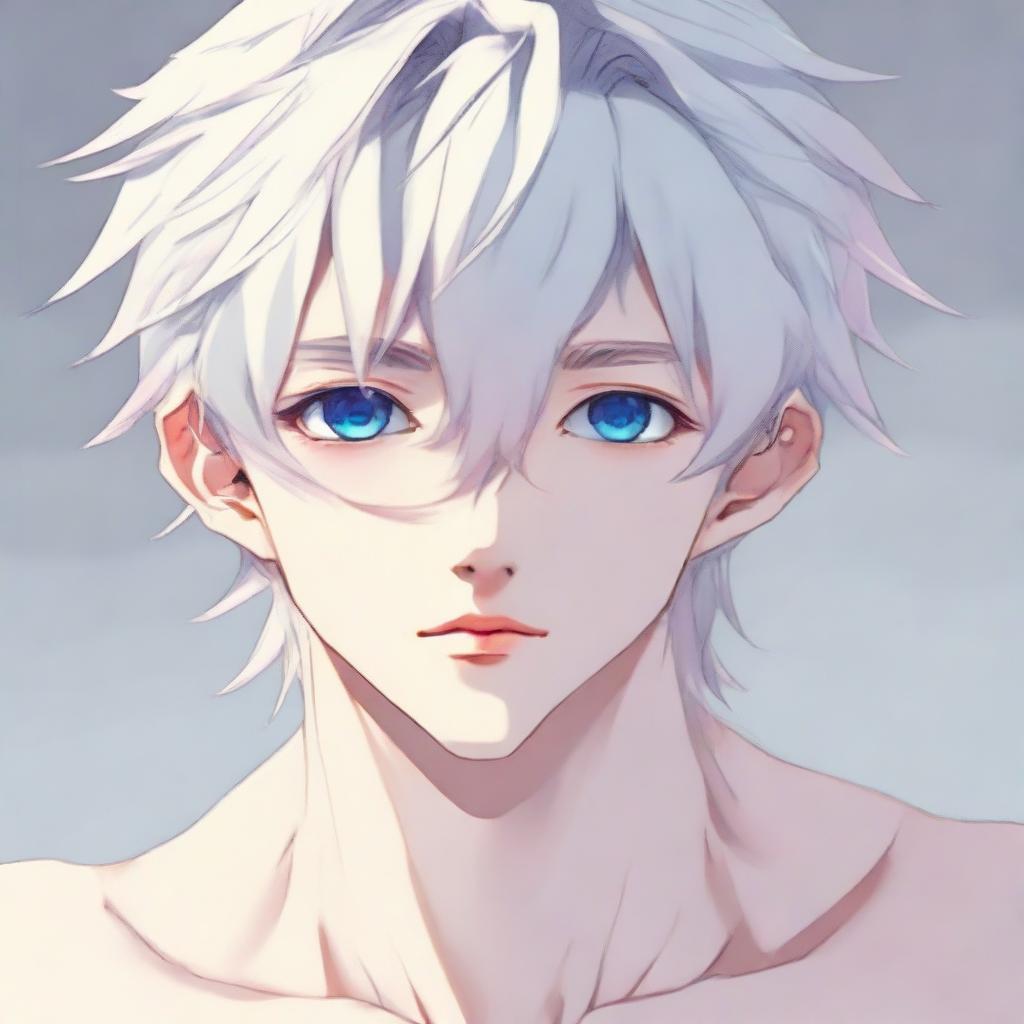 Depict a delicate, twink anime man with platinum hair, eyebrows, lashes, slender skin, a harmonious face, blue eyes with a hint of pink at the corners and nose tip. He has big pectorals, a feminine figure, very attractive without excessive muscles, thin eyes, donning a blue bedlah, gazing into the distance in full body view