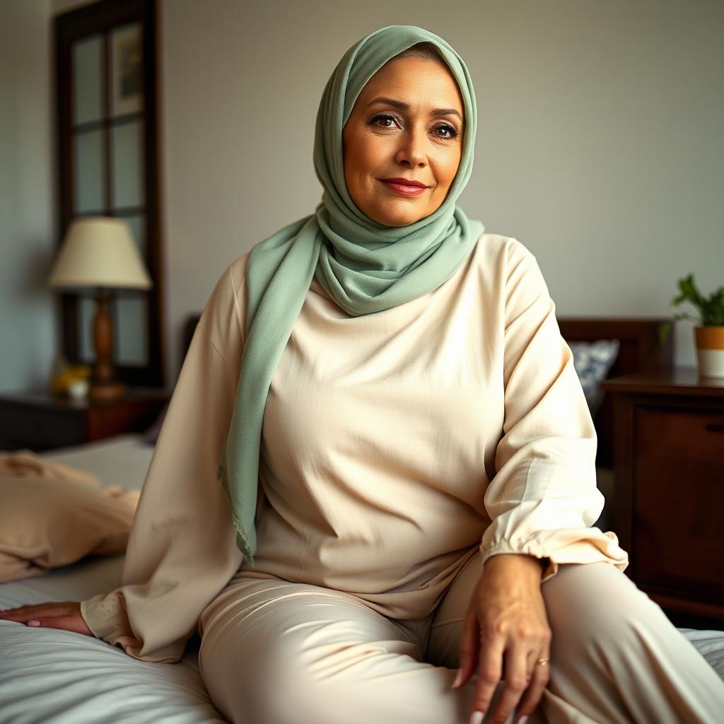 A beautiful, 60-year-old Caucasian woman wearing a sage green hijab, dressed in a thin, modest cream outfit that covers her well