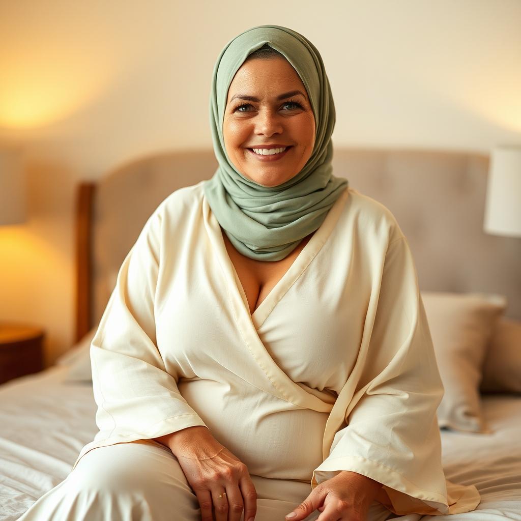 A beautiful, 60-year-old Caucasian woman wearing a sage green hijab, dressed in a thin, modest cream outfit that covers her elegantly