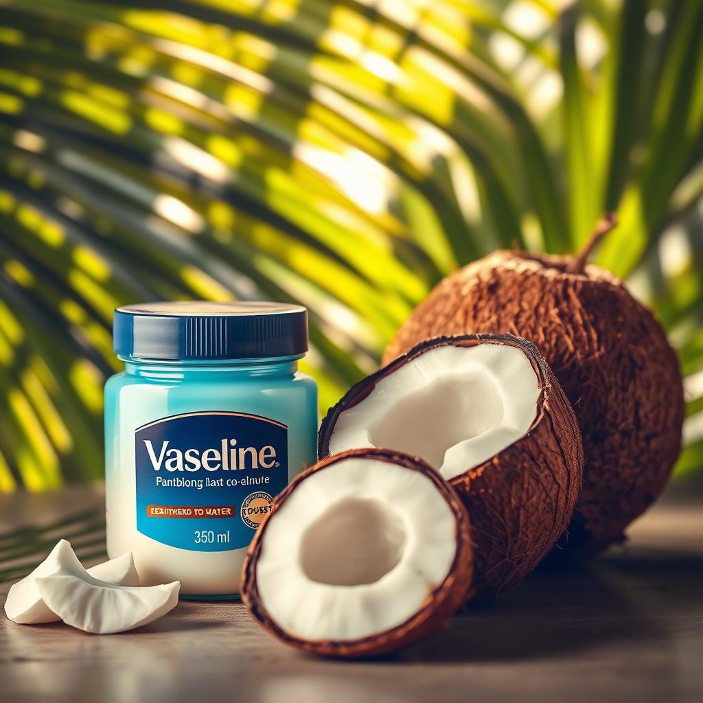 A vibrant still life composition showcasing a jar of Vaseline next to a whole coconut and a sliced coconut, with the coconut water glistening in the sunlight