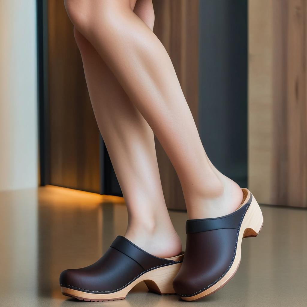 woman wearing on her feet a pair of   closed- back clogs with dark brown upper and wooden sole.Full sized body and face picture.