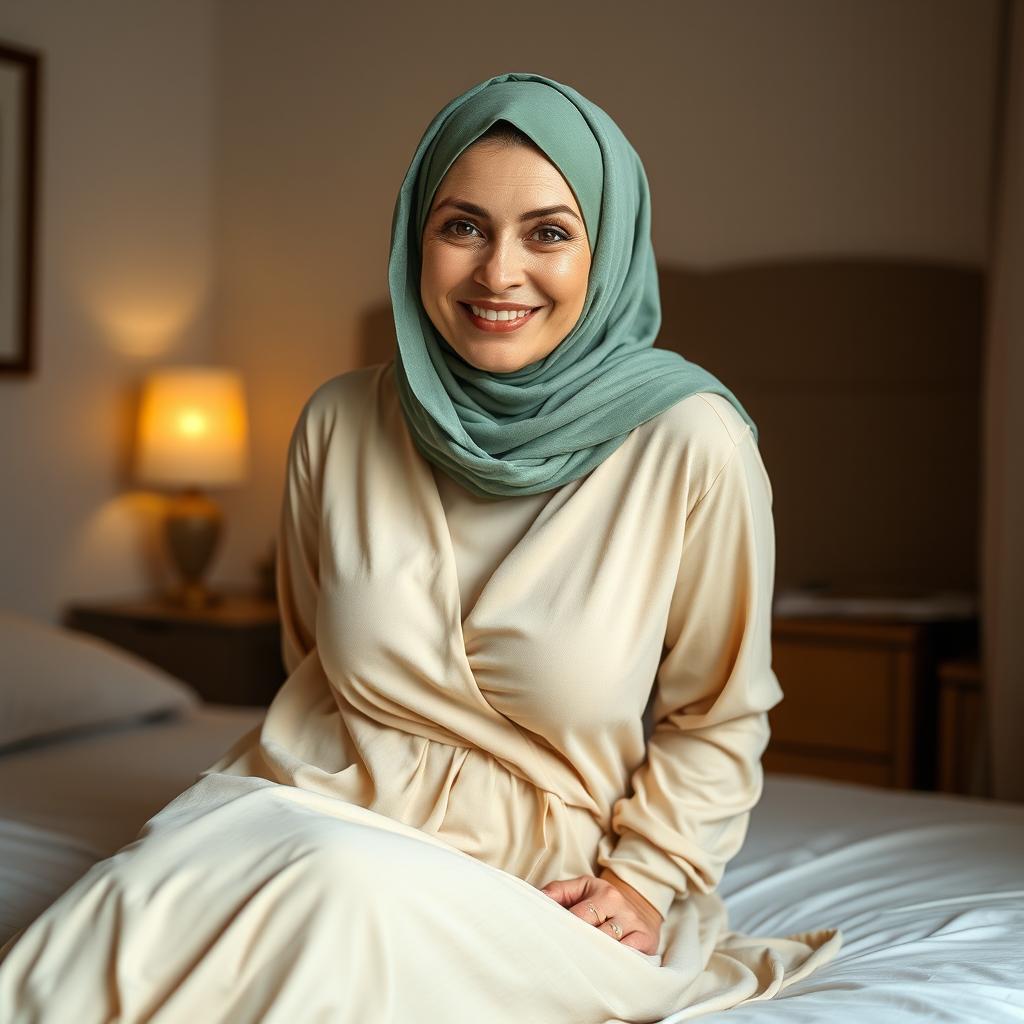 A sweet, beautiful, 60-year-old Caucasian woman wearing a sage green hijab, dressed in a thin, modest cream outfit that covers her gracefully