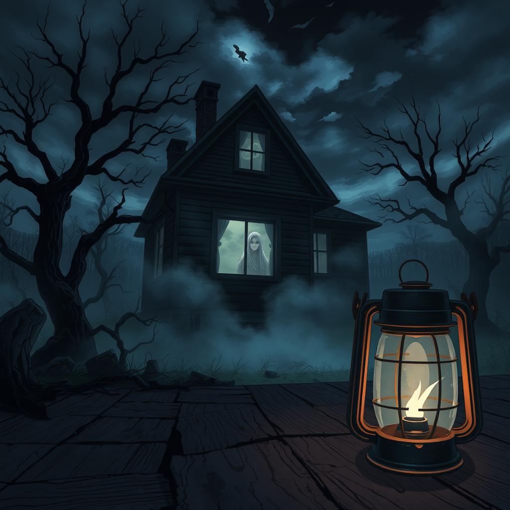 A chilling and intense horror anime scene featuring a dark, abandoned house surrounded by dense fog and twisted trees