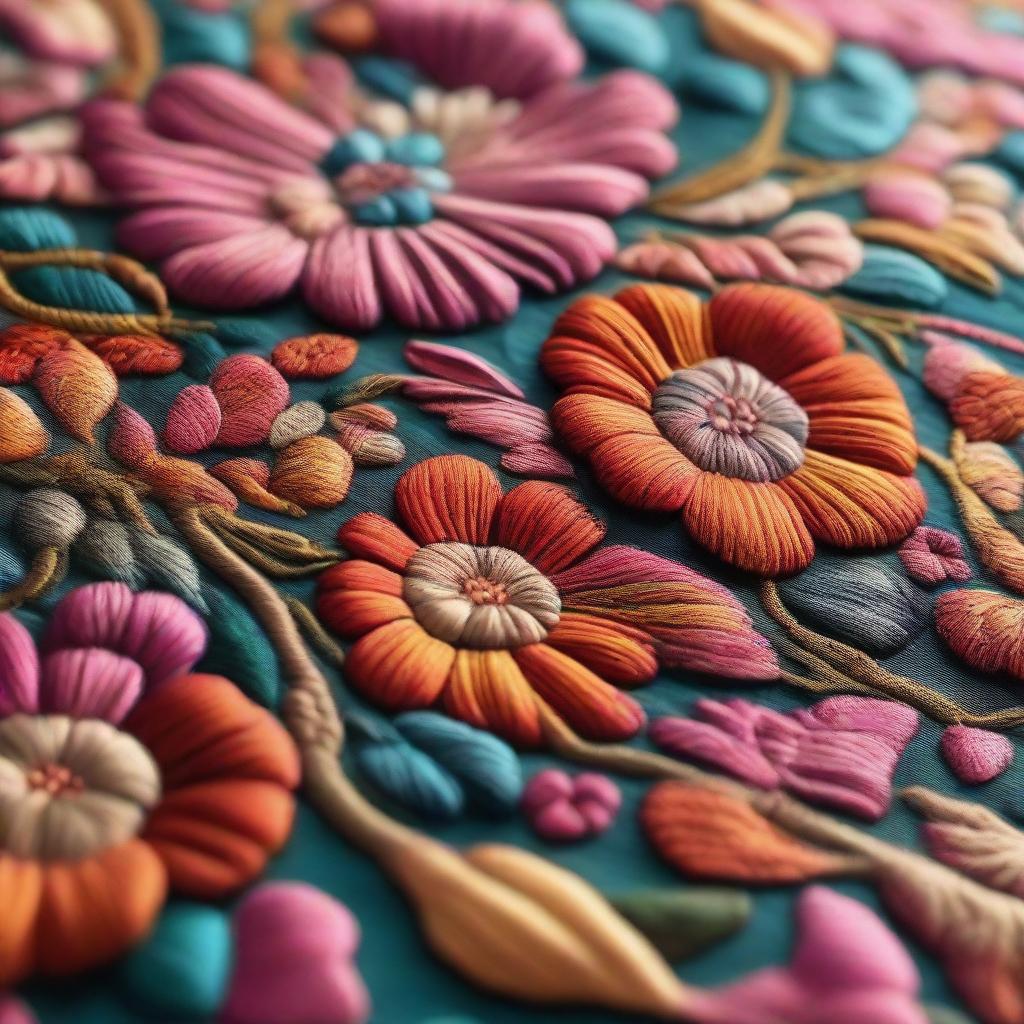 Close-up view of intricately embroidered fabric featuring floral designs, with vibrant colors and textures, shimmering under soft lighting