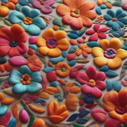 Close-up view of intricately embroidered fabric featuring floral designs, with vibrant colors and textures, shimmering under soft lighting