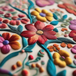 Close-up view of intricately embroidered fabric featuring floral designs, with vibrant colors and textures, shimmering under soft lighting