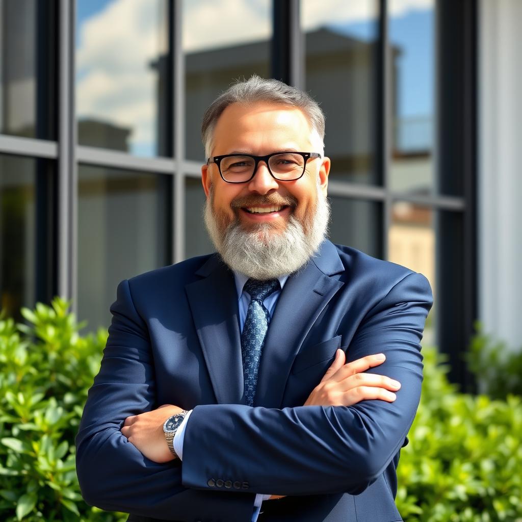 A middle-aged man with a full beard and glasses, standing confidently with his arms crossed in front of a modern office building