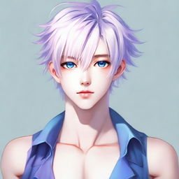 Create a full-body portrait of a delicate twink anime man. He has platinum hair, eyebrows, lashes, and slender skin. His face is harmonious with sharp blue eyes, a hint of pink on the nose tip and eye corners. Noticeably large pectorals, feminine figure, highly attractive, devoid of overt masculinity. Wearing a blue bedlah, he is looking pensively into the distance