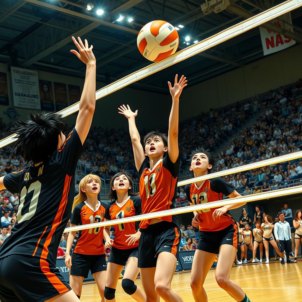 A dynamic volleyball scene capturing a high-energy match at Karasuno High School