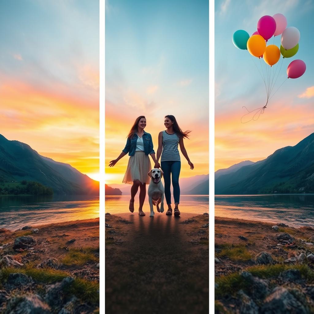 A stunning and harmonious integration of three different images: Picture 1 serves as the main scenic background, showcasing a vibrant sunset over a serene lake, surrounded by lush greenery and mountains