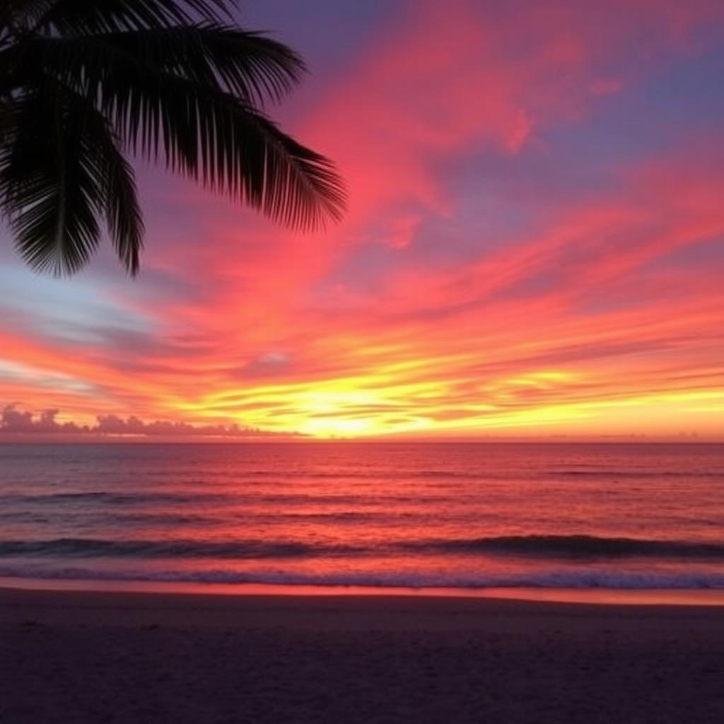 A breathtaking sunset over the calm ocean, with vibrant hues of orange, pink, and purple blending together in the sky