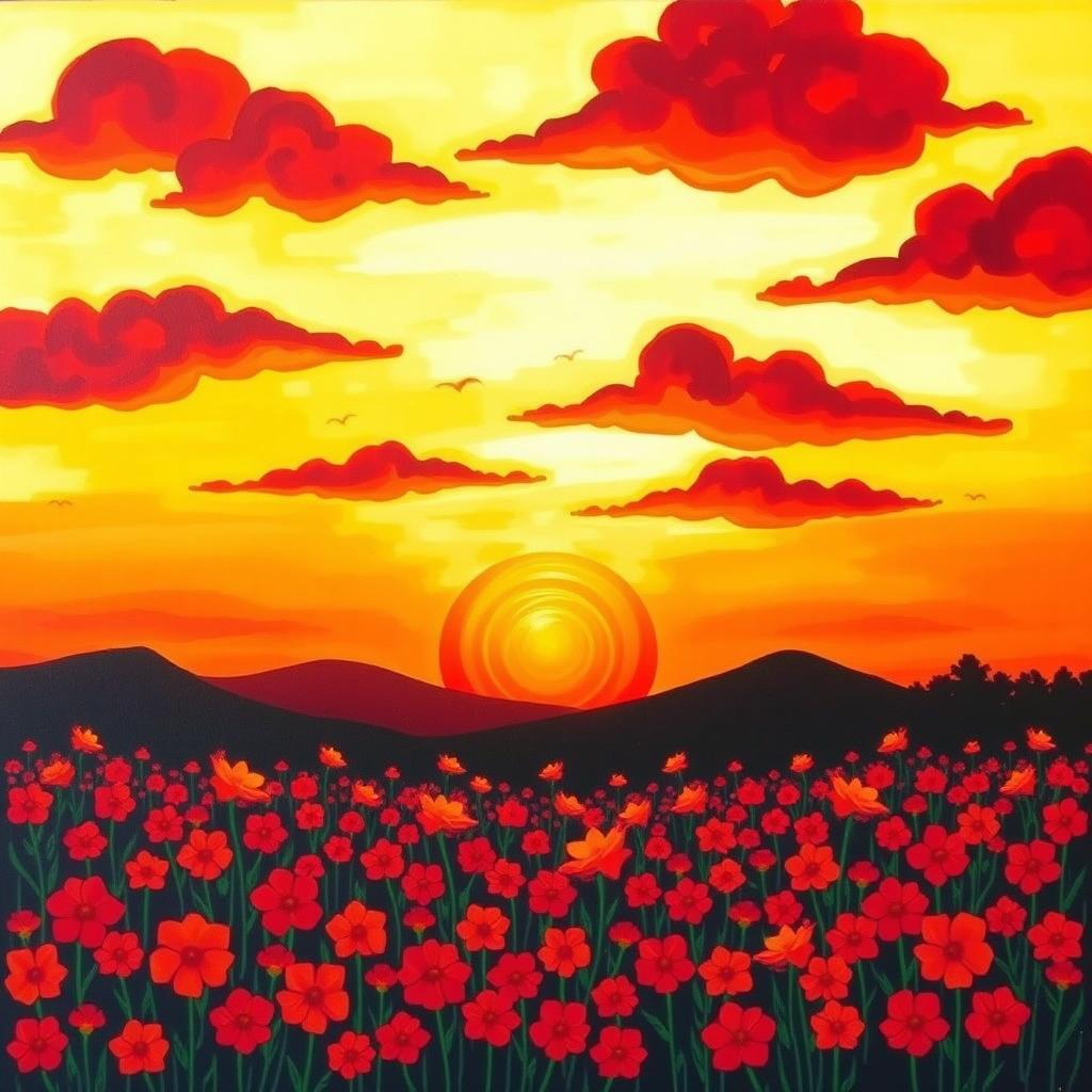 A vibrant landscape painting of a sunset over a field of flowers