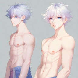 Create a full-body portrait of a delicate twink anime man. He has platinum hair, eyebrows, lashes, and slender skin. His face is harmonious with sharp blue eyes, a hint of pink on the nose tip and eye corners. Noticeably large pectorals, feminine figure, highly attractive, devoid of overt masculinity. Wearing a blue bedlah, he is looking pensively into the distance