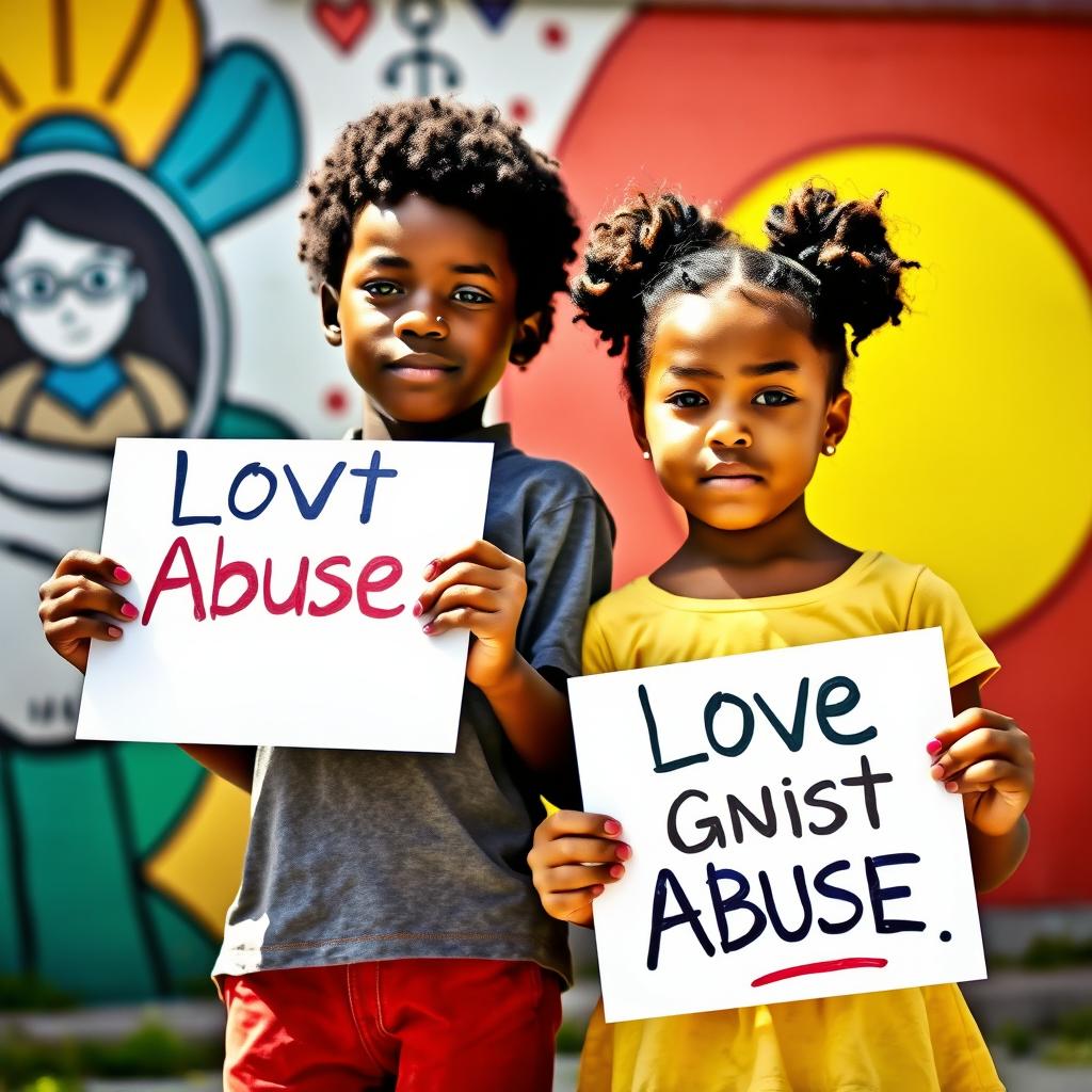 A powerful and evocative scene featuring a boy and a girl standing together, holding up signs that express a message against abuse