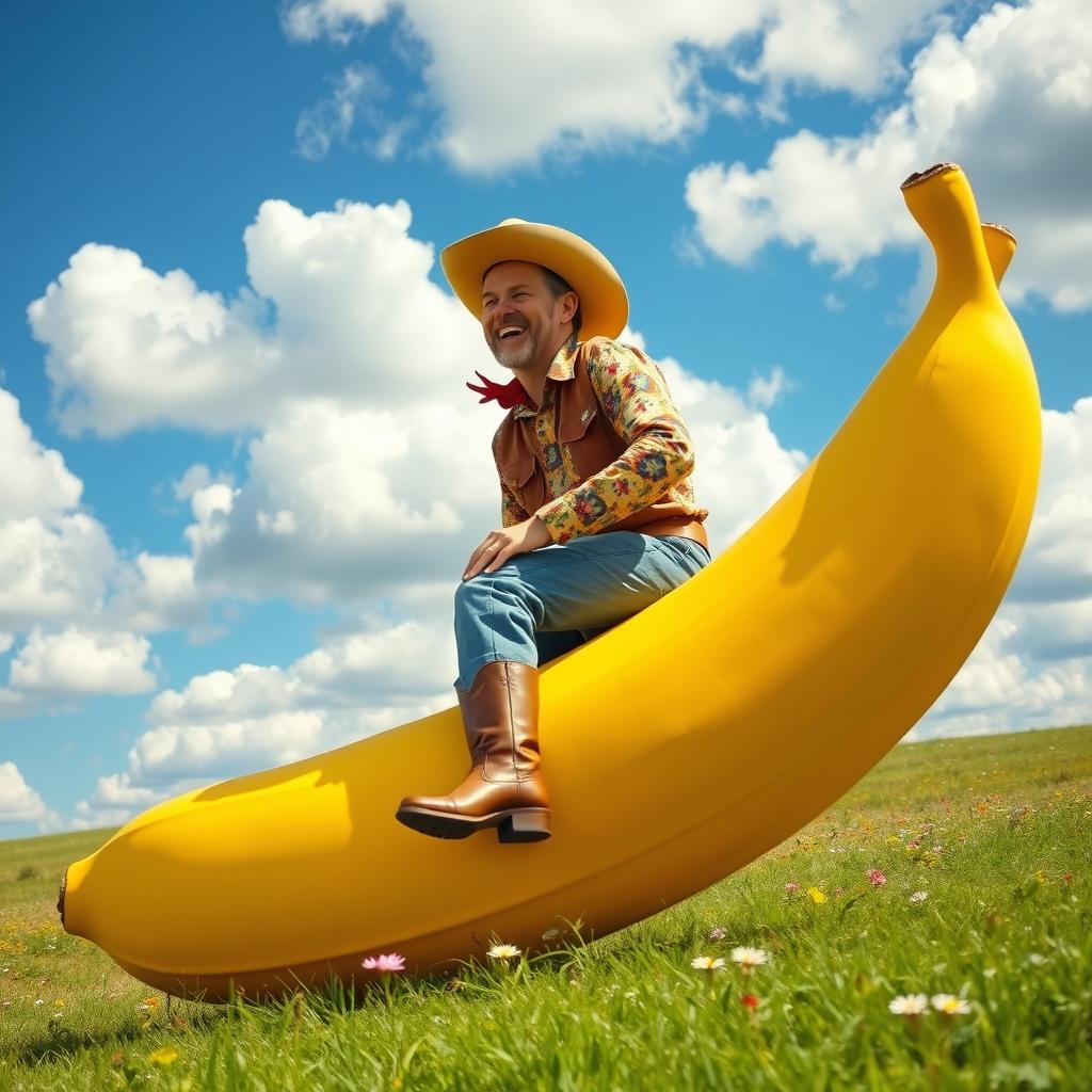 A whimsical scene of a man riding a giant banana, treating it like a horse