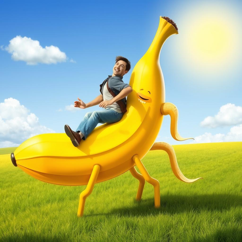 A whimsical scene depicting a man riding a giant banana that has arms and legs, resembling a horse