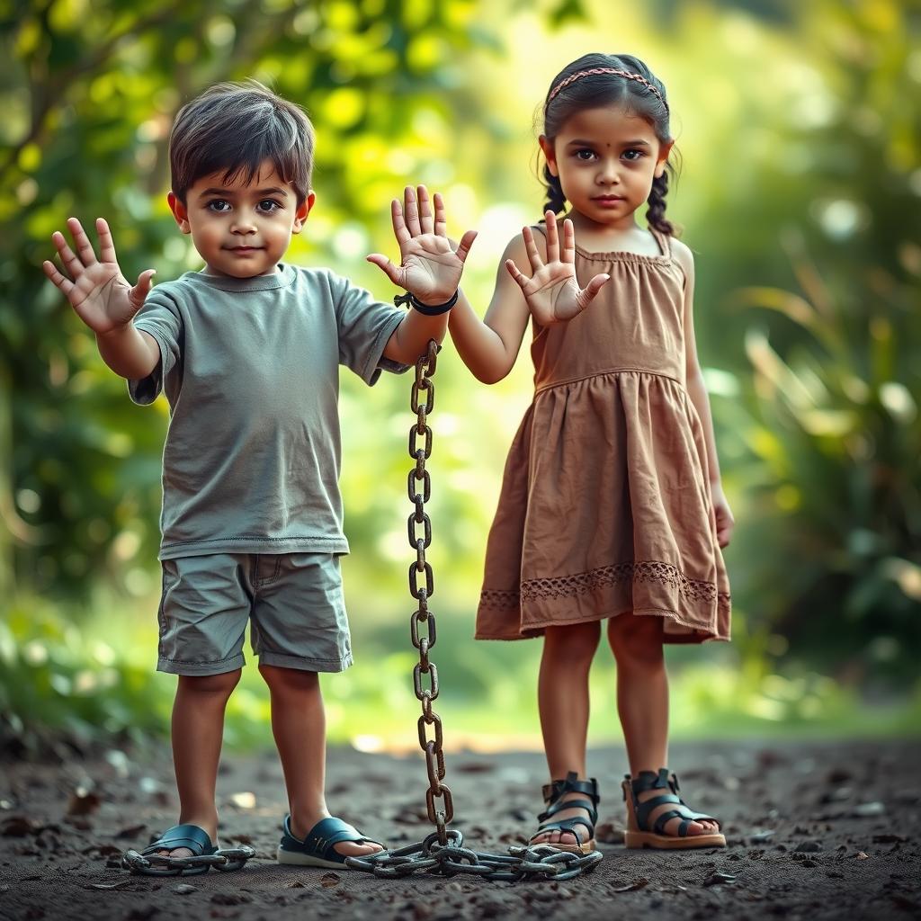 A poignant image featuring a boy and a girl of Caucasian descent, each showing their palm facing forward as a symbol of resistance against child slavery
