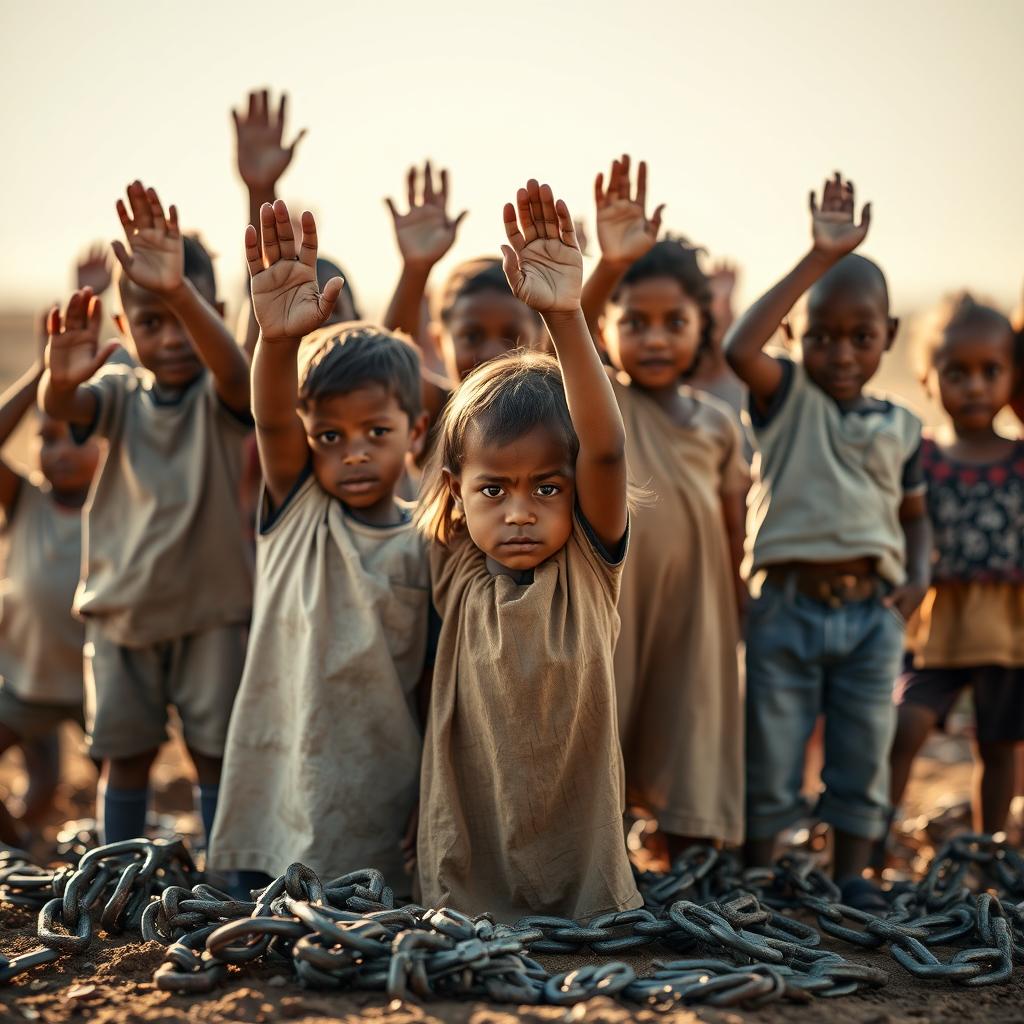 A striking image featuring a group of Caucasian children, both boys and girls, standing together in a powerful pose, each holding their palm up to symbolize resistance against child slavery