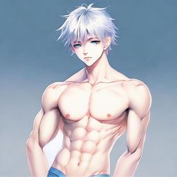 Create a full-body portrait of a delicate twink anime man. He has platinum hair, eyebrows, lashes, and slender skin. His face is harmonious with sharp blue eyes, a hint of pink on the nose tip and eye corners. Noticeably large pectorals, feminine figure, highly attractive, devoid of overt masculinity. Wearing a blue bedlah, he is looking pensively into the distance